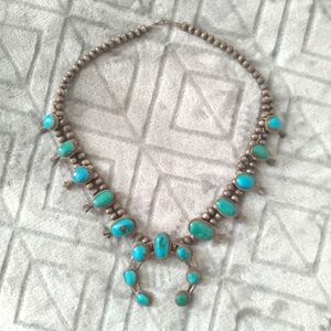 Vintage Genuine Navajo Turquoise Sterling Silver Squash Blossom Necklace
